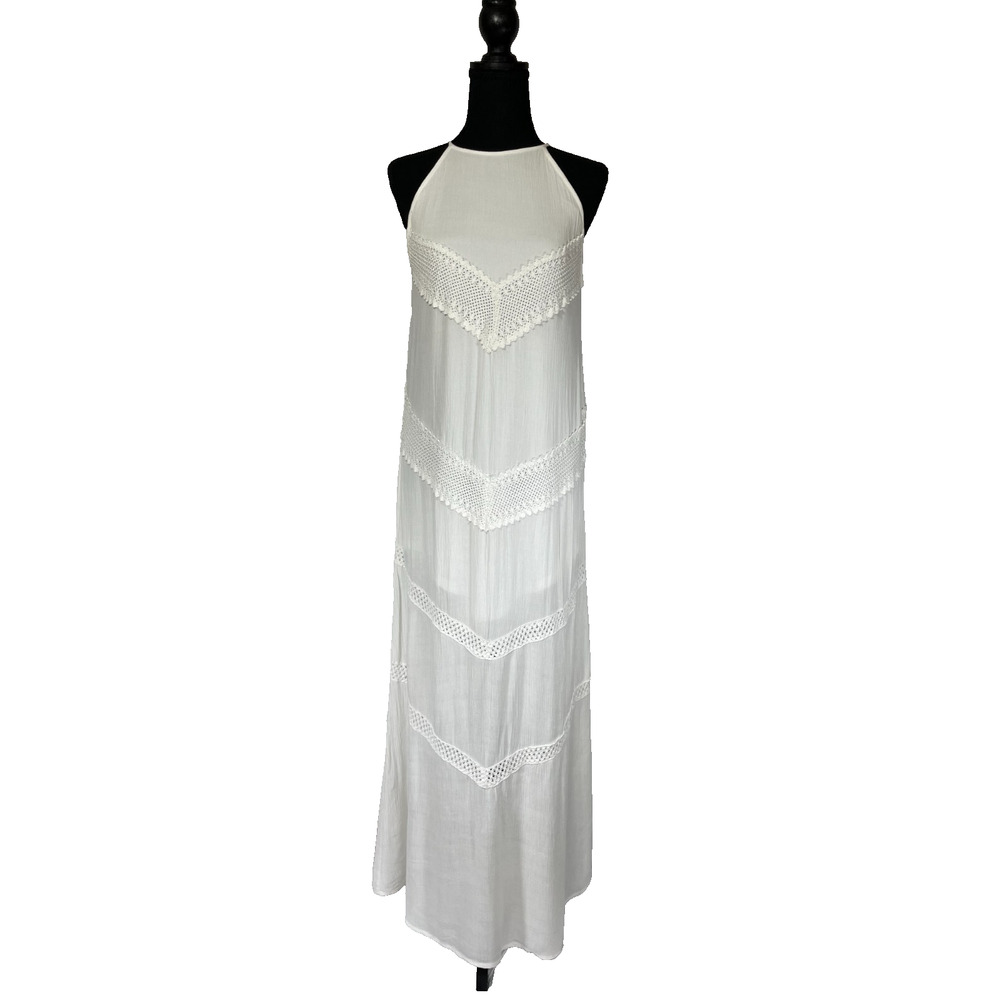 Band of Gypsies White Gauze Crochet Halter Maxi Dress Boho Sleeveless